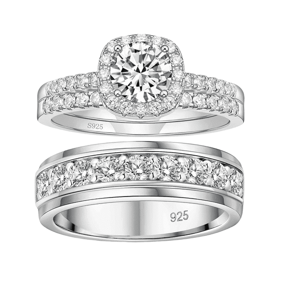 SFTING Wedding Rings Set for His and Her Women Men Wedding Ring Round Cut 925 Sterling Silver AAAAA CZ Size 9&7