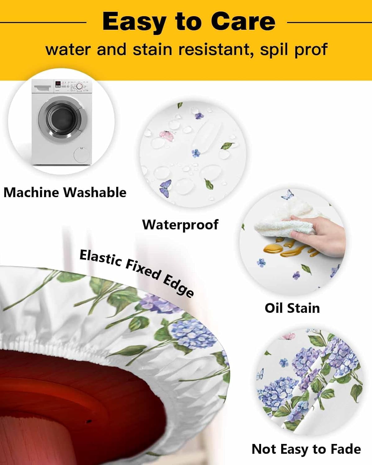 Floral Round Tablecloth Fitted Table Cover, Elastic Tablecloths Waterproof Outdoor Indoor Stretch Cloth Tablecover for Dinner, Party, Shower, Blue Purple Spring Botanical Plant Leaves 45-52IN