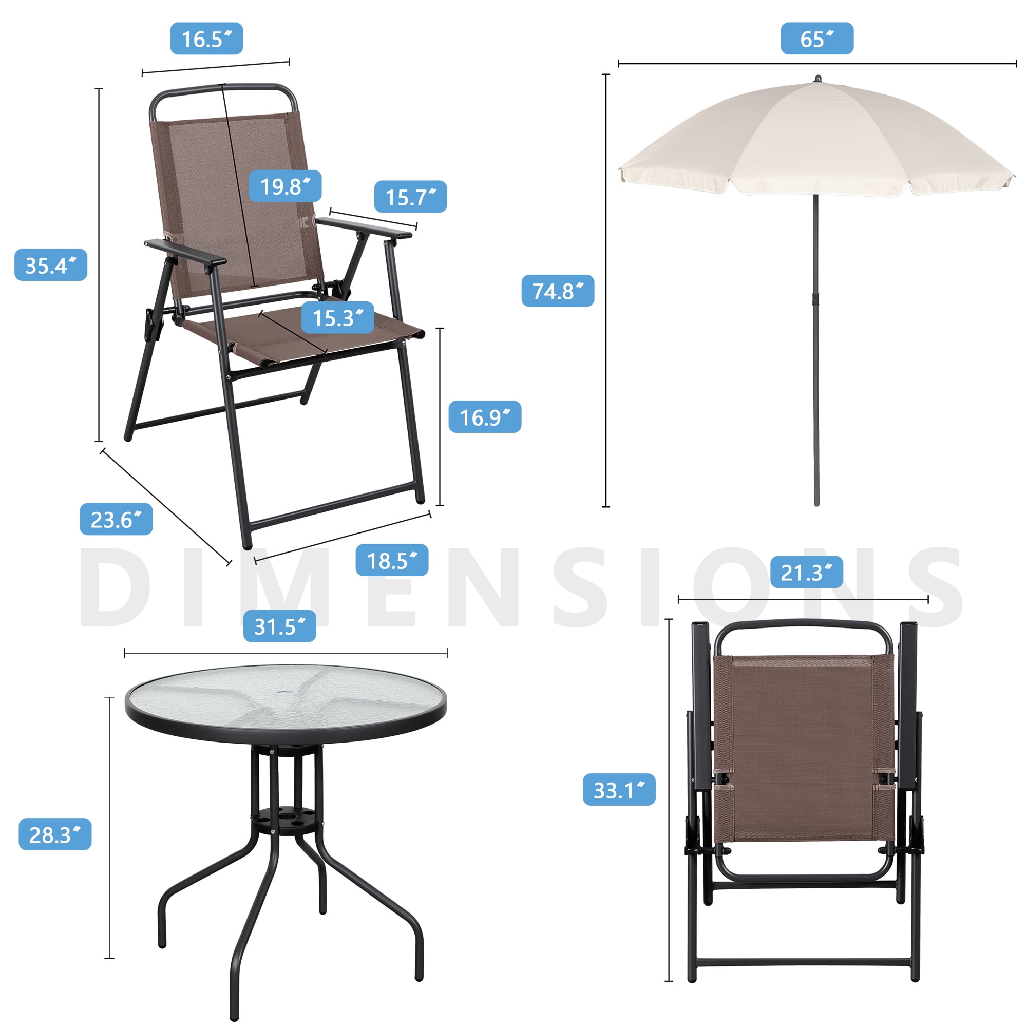 Sobaniilo 6 Piece Folding Outdoor Dining Set with Umbrella, Metal Patio Garden Patio Furniture Table and Chair Set, Brown