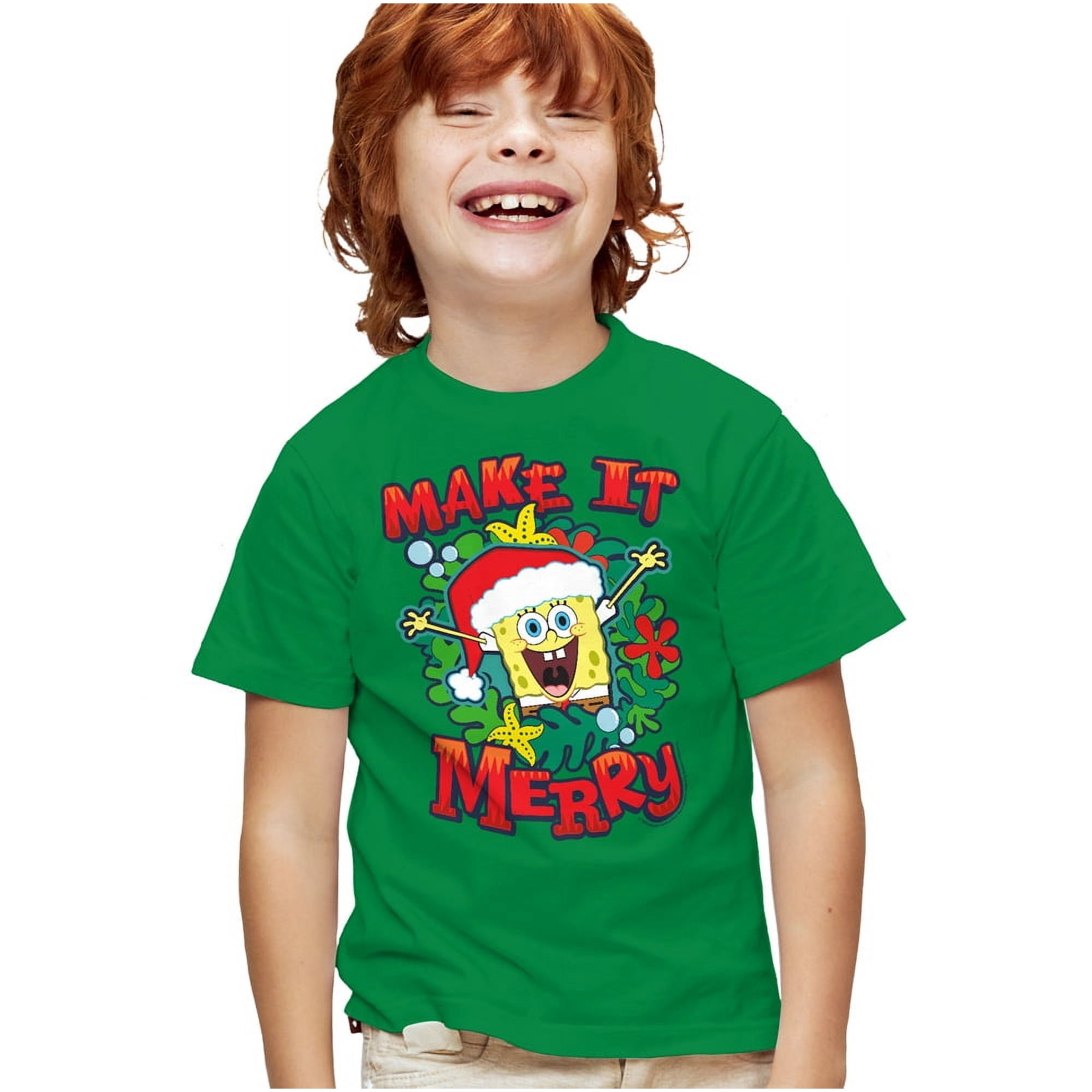 SpongeBob SquarePants Make It Merry Christmas Kids T Shirt for Youth Boys and Girls, Kelly Green, X-Small