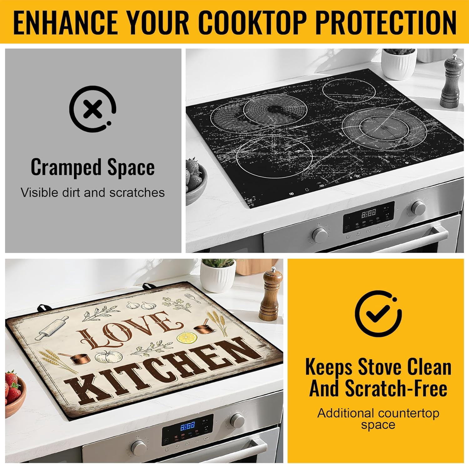 Stove Top Cover for Electric Stove 28.5x20.5 Inch Silicone Stove Topper & Protector, Decorative Kitchen Mat for Electric/Glass Stove Top (Rustic Farmhouse Kitchen)