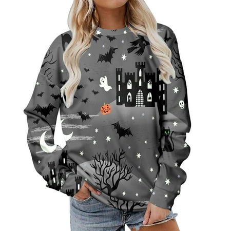 

YFPWM Woman Tops Fashion Mesh Tops Corset Top Fringe Top Flowy Tops Basic Tops Scrub Tops Summer Tops Sequin TopsClassic Halloween Print Crewneck Long Sleeve Tops