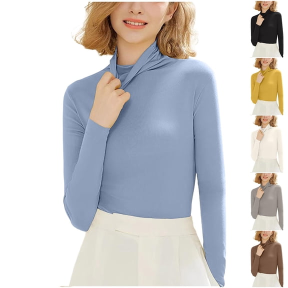 BiZtdJrK High Neck Tops for Women Long Sleeve Slim Solid Casual Fall Spring T Shirts Lightweight Stretch Loungewear Tee Shirt Coffee L