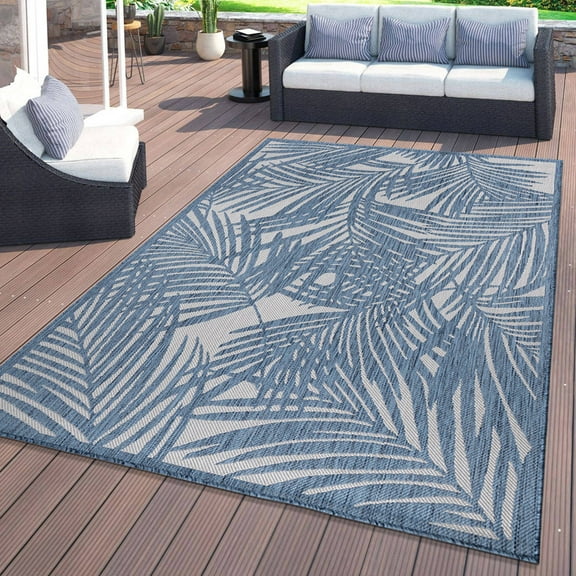 World Rug Gallery Contemporary Palm Leaf Textured Flat Weave Indoor/Outdoor Area Rug - BLUE 5' X 7'