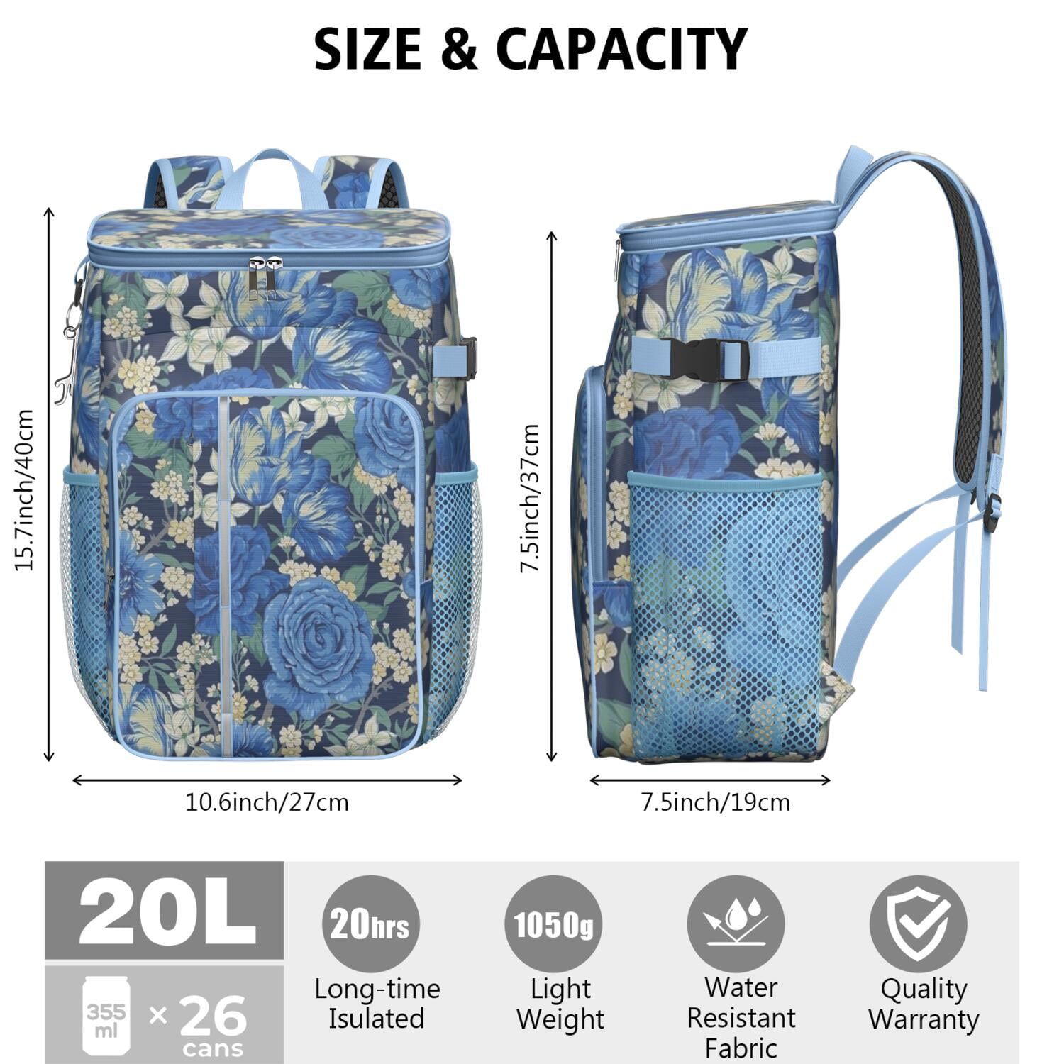 Travel Cooler Bag - Pioneer Flower Floral Print Pattern Camping Beer Cooler Backpack with Bottle Opener- Waterproof Insulated Picnic Backpacks - Cooler Bag for Beach