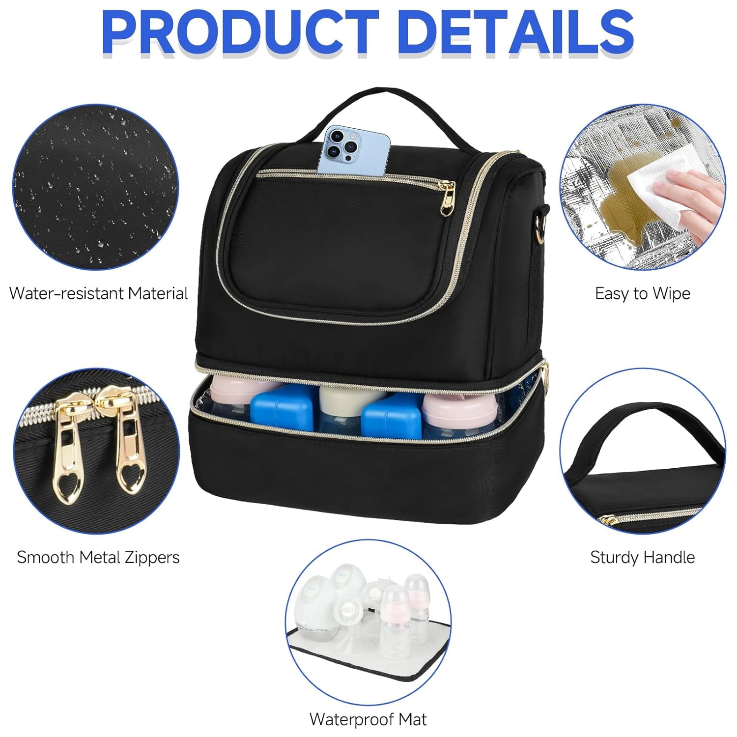 Wearable Breast Pump Bag with Cooler Compartment Fits for Willow/Eufy/Elvie/Momcozy M5/S12 Pro/Medela, Breast Milk Travel Tote Bag with Ice Pack & Waterproof Mat,Black