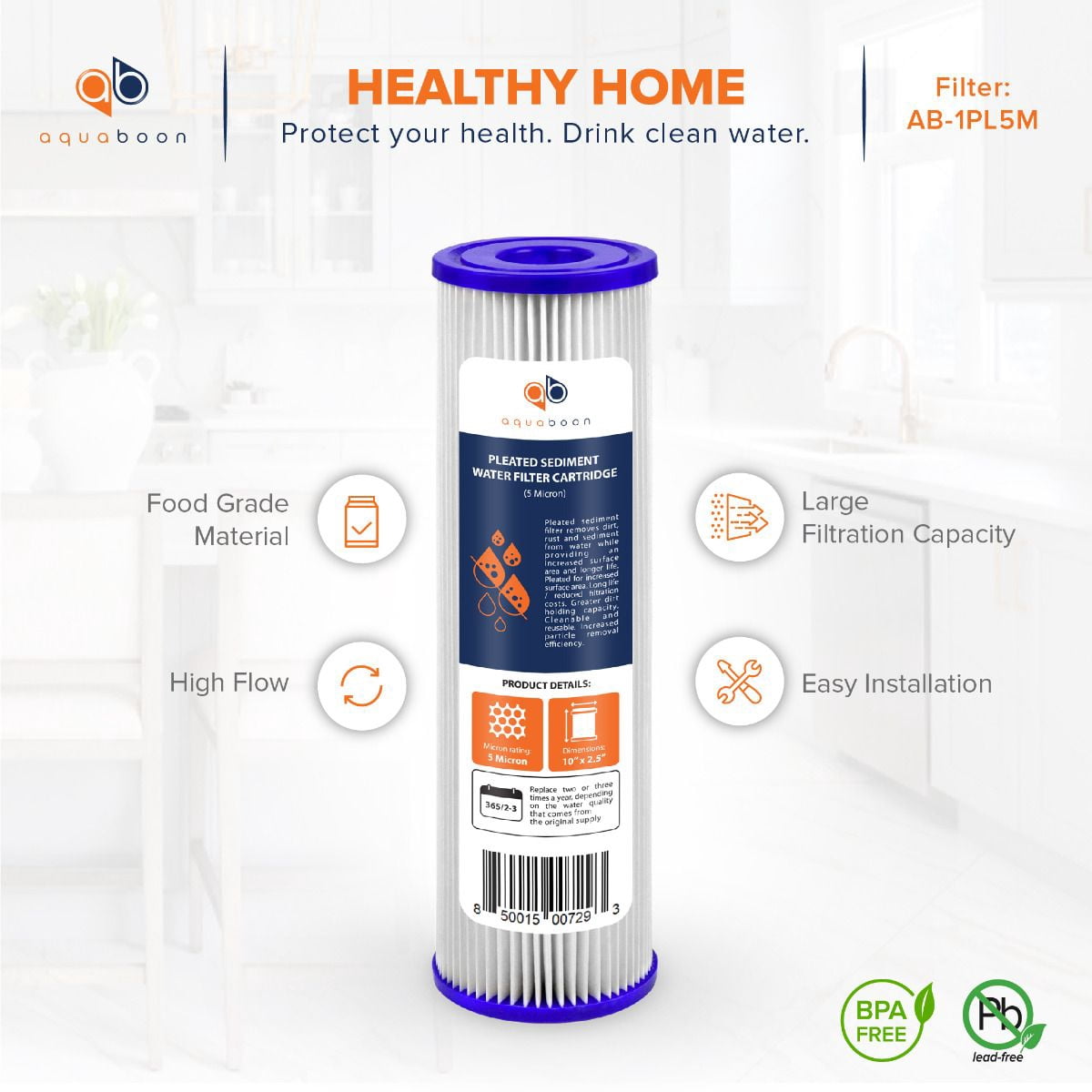 50-PACK Of 5 Micron Pleated Sediment Water Filter Cartridge 10"x2.5" Standard Size by Aquaboon