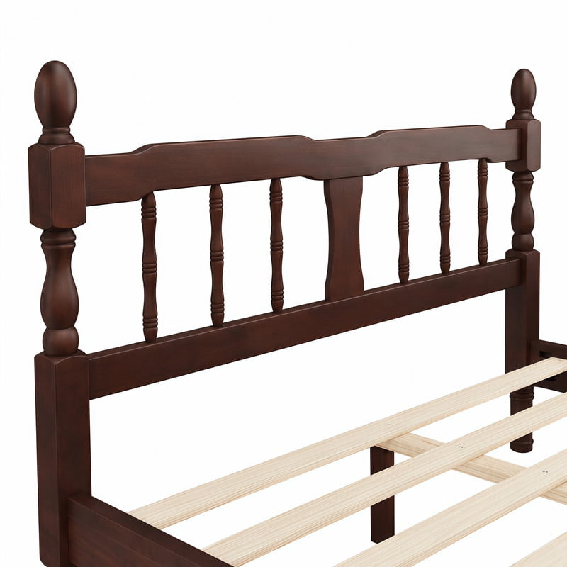 Euroco Wood Full Size Platform Bed Frame, Classic Farmhouse Bed Frame with Spindle Headboard, Dark Walnut