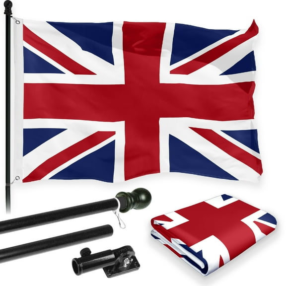 G128 Combo Pack: 6 Feet Tangle Free Spinning Flagpole (Black) UK United Kingdom Flag 3x5 ft Printed 150D Brass Grommets (Flag Included) Aluminum Flag Pole