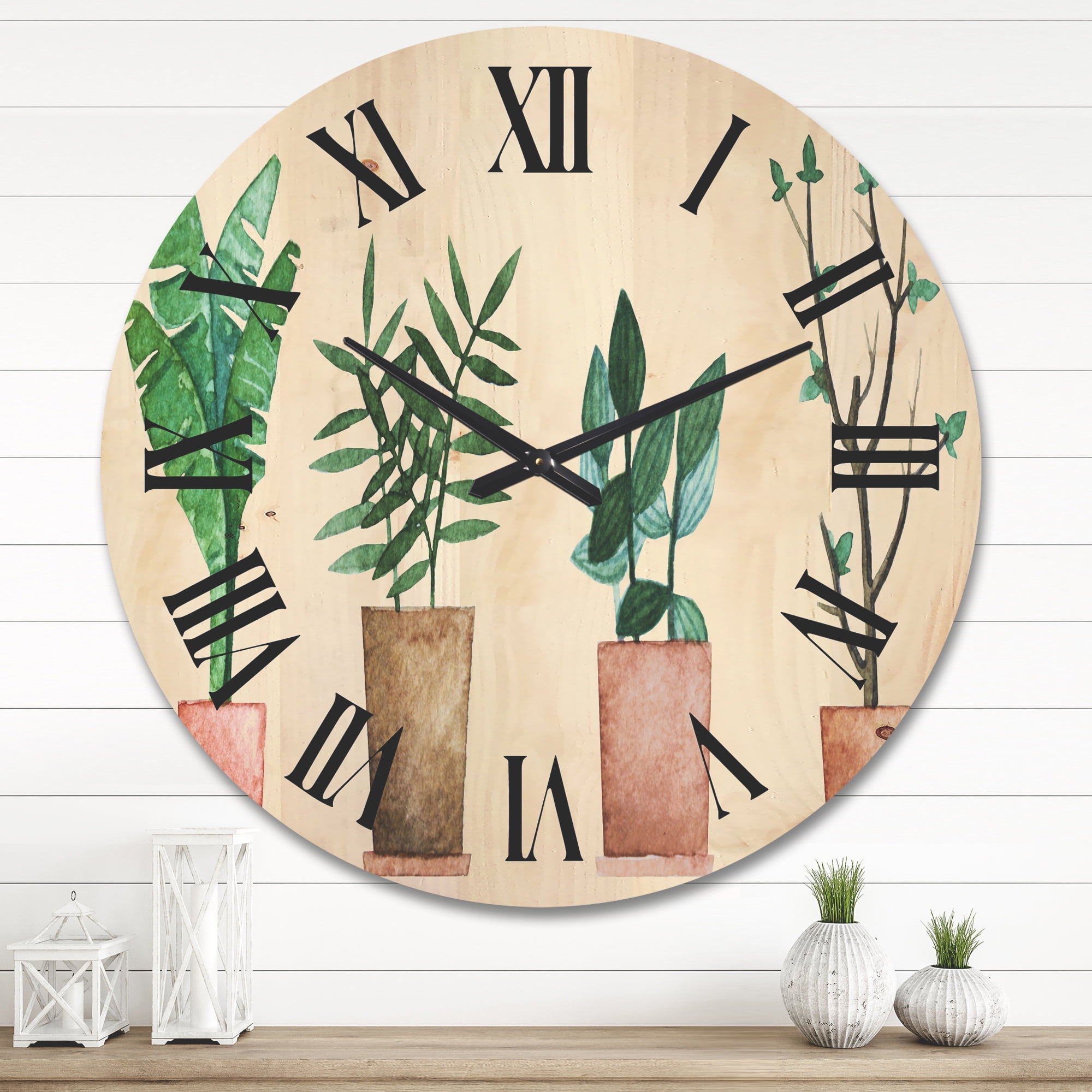 Designart 'Duo of Potted Flowers House Plants In Claypots' Farmhouse Wood Wall Clock