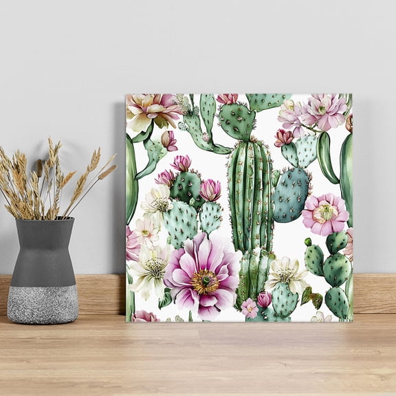 Pink Wall Art Painting on Canvas, Green Cactus Pastoral Watercolor Canvas Art Home Prints Wall Art Framed Modern Artwork for Living Room Bedroom Wall Decor 8x8in
