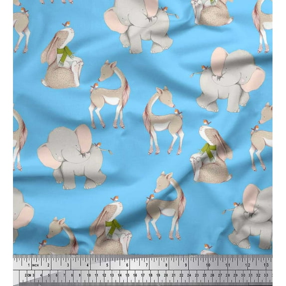 Soimoi Poly Georgette Fabric Deer,Elephant & Rabbit Kids Print Sewing Fabric Yard 42 Inch Wide