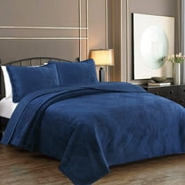 Cozy Line Navy Blue Velvet Basketweave Luxurious Velveteen Velour Super Soft Quilt Bedding Set, Queen