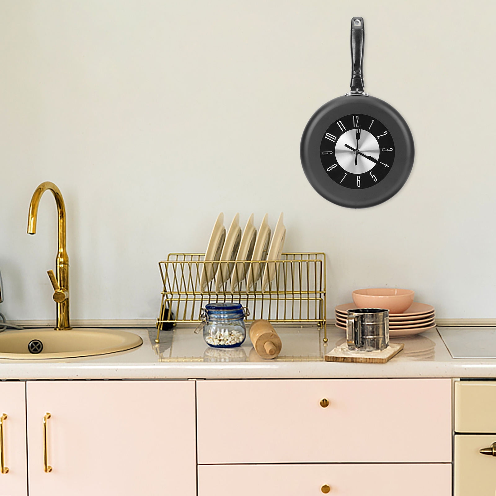 FOMIYES Silent Frying Pan Wall Clock Black Stainless Steel for Decoration