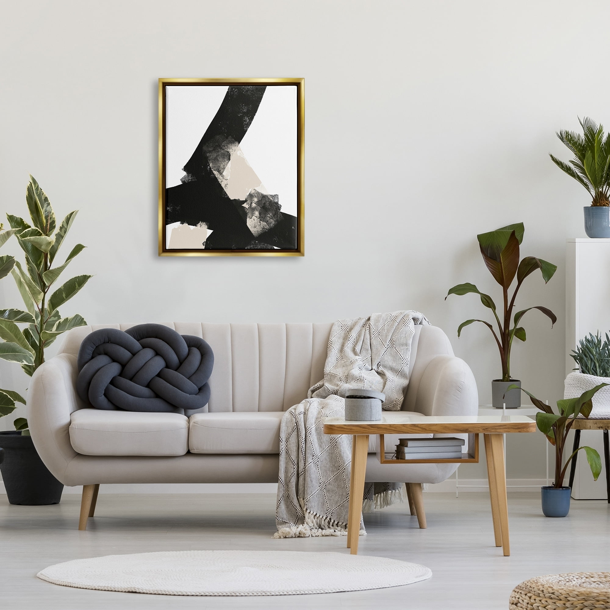 Stupell Industries Bold Black Shapes Curved Stripe Abstract Painting Graphic Art Metallic Gold Floating Framed Canvas Print Wall Art, Design by Brandon Wong