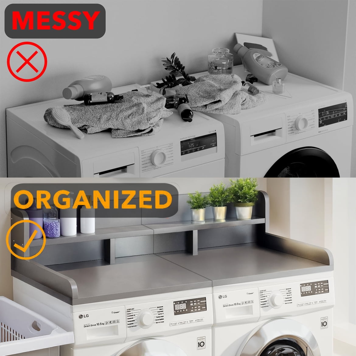 54" x 27.5"Washer Dryer Countertop with Non-slip Pads, Laundry Wood Shelf Topper with Edge, Double Layer Organizer for Washer and Dryer Laundry Hamper Counter Storage, Grey