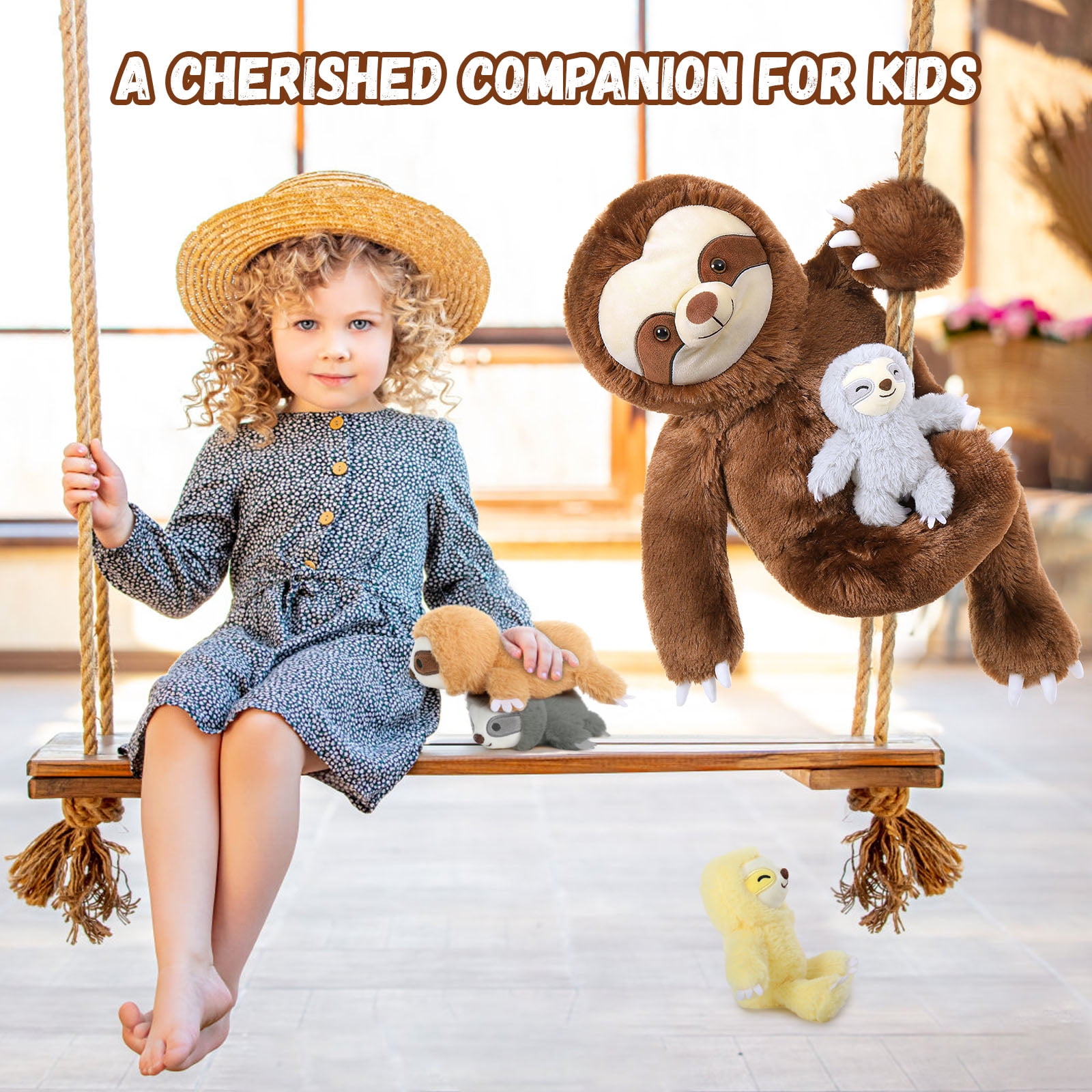 MorisMos 24" Sloth Stuffed Animal Mommy Sloth Plush Toy with 4 Baby Plush Toys