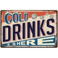 thumbnail image 1 of Letrero de hojalata con la frase "Bebidas frías aquí", letreros de hojalata de metal para tienda de bebidas frías, letreros de hierro vintage, póster divertido para arte de pared, placa de metal para, 1 of 8