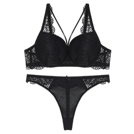 YHGFVOKJ Lingerie for Women French Solid Color Sexy Lace Thin Strap Hollow Underwear Translucent T Pants Lingerie Sets Bra Set Black 34B/75B