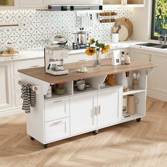 WIAWG Large Kitchen Island Table with Drop Leaf and Storage, 71" Kitchen Rolling Carts on Wheels, Portable Movable Farmhouse Island Table with Drawers for Dining Room,White & Light Brown
