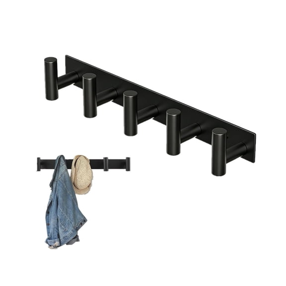 Black Wall Mounted Coat Rack – 5 T-Shaped Pegs for Hats, Bags & Towels, Heavy-Duty Metal Rail for Entryway, Bathroom, Closet, Bedroom (1 Pack)