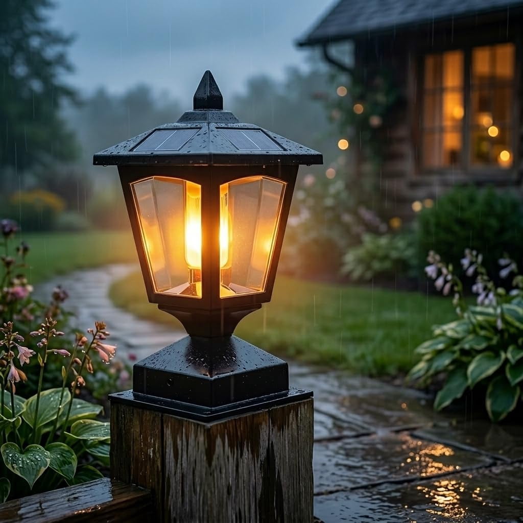 4X4 5X5 6X6 Solar Powered Post Cap Light, Outdoor Lantern, Black, Warm Flame Effect, Garden Fence Pillar Lamp