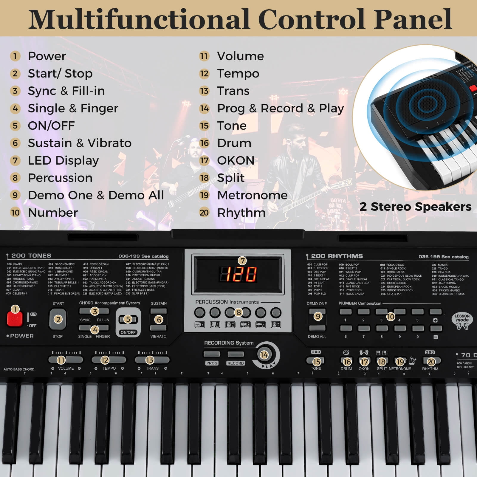 Costway 61 Keys Portable Keyboard with 200 Rhythms 200 Tones 70 Demos Note Sticker, Black
