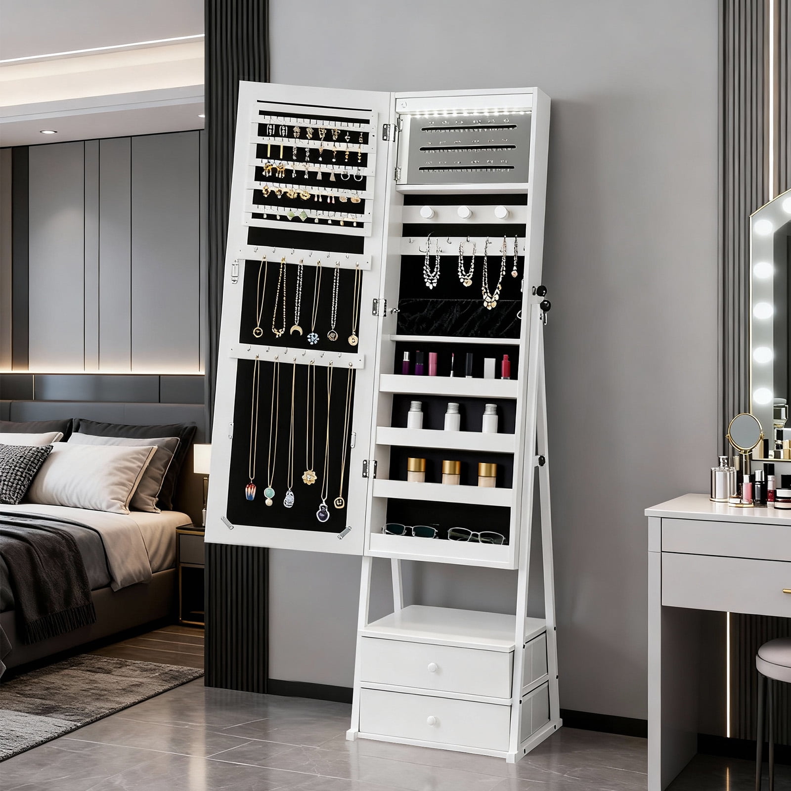 Zimtown Standing Jewelry Cabinet with Full Length Mirror - 2 Spacious Drawers & Makeup Storage Compartments, Freestanding Jewelry Organizer, White