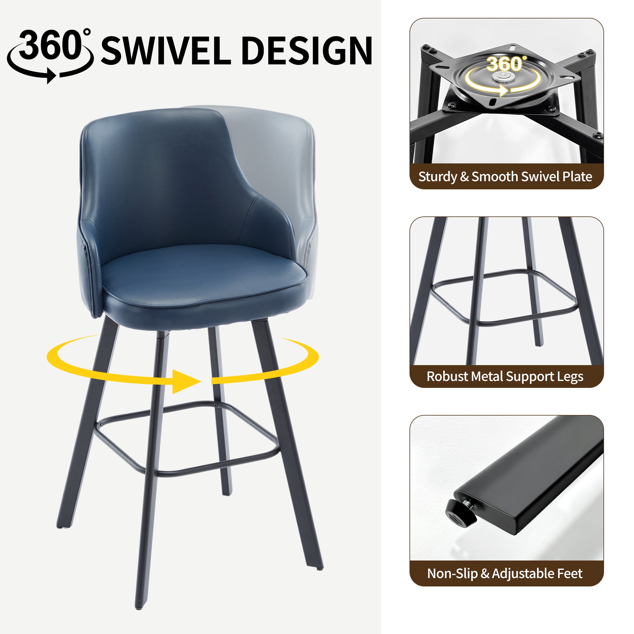 FIRAVOE Bar Stools Set of 3 (High Back) Swivel Barstools (30") Bar Height Bar Stools Faux Leather Bar Chairs for Kitchen Island, Blue