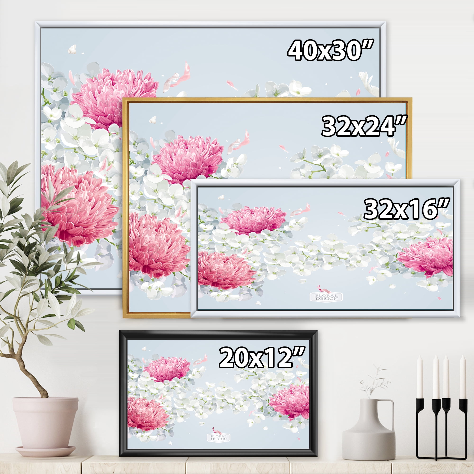 Designart 'Apple Blossom and Chrysanthemums' Traditional Framed Canvas Wall Art Print