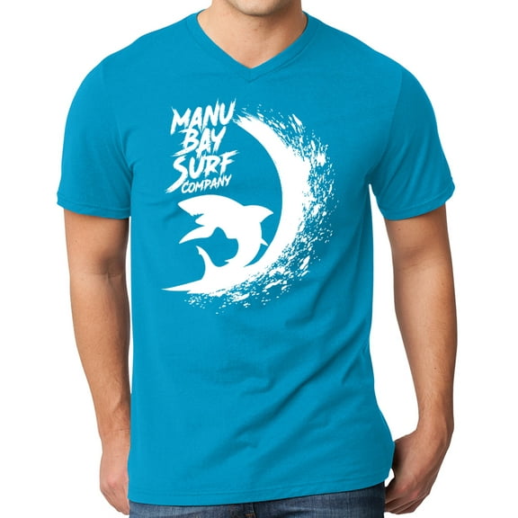 Mens Manu Bay Surf Company WHITE SHARK Surfer T-shirt, 2XL Light Turquoise