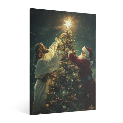 Vintage Christmas Santa Claus and Jesus Wall Art Paint Framed - Retro Xmas Festive Winter Holiday Christmas Wall Decor Canvas Print for Living Room Kitchen Bathroom Home Bedroom Decor