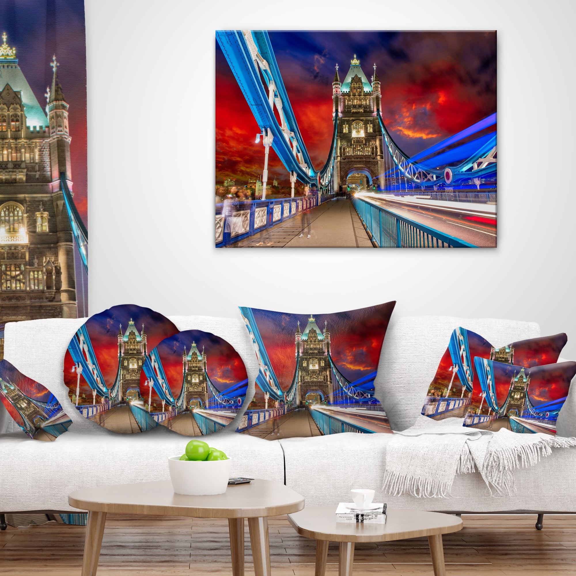 Designart Storm Over Tower Bridge at Night - Cityscape Photo Throw Pillow - 12x20