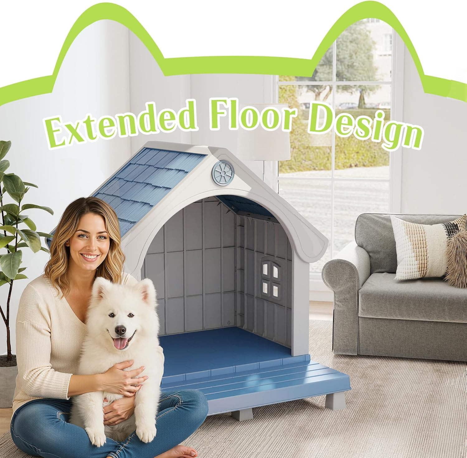 Outdoor Pet House with Elevated Platform, Weatherproof Plastic Pet Shelter for Medium Pets