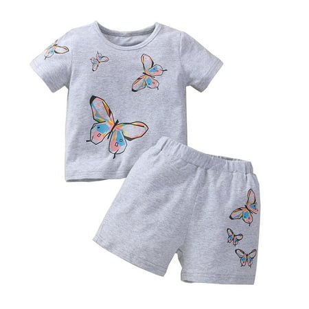 

Baby Girls Clothing Sets Butterfly Printed Short Sleeve Summer Fashion Casual Suit For Home Wear Dailywears Comfortable Loose Fittness Sets
