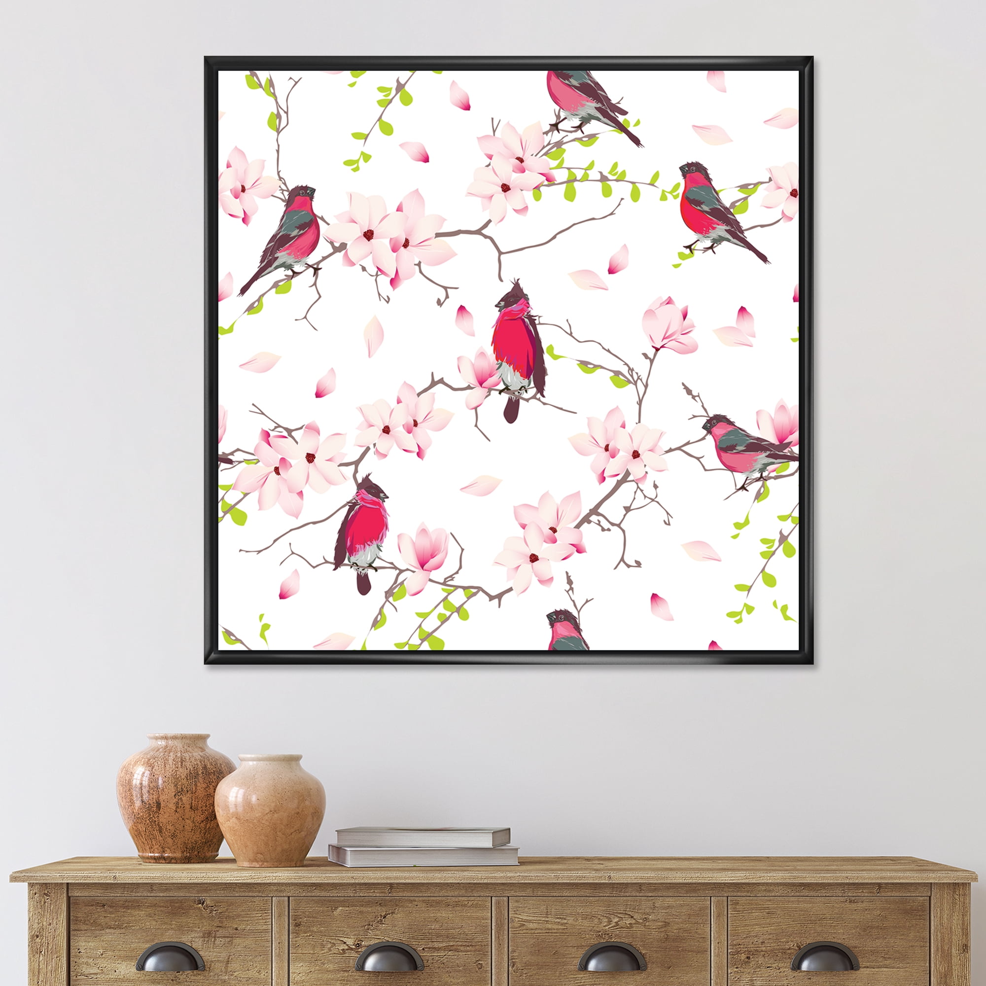 Designart 'Red Bullfinches Sitting On Magnolia Tree' Traditional Framed Canvas Wall Art Print