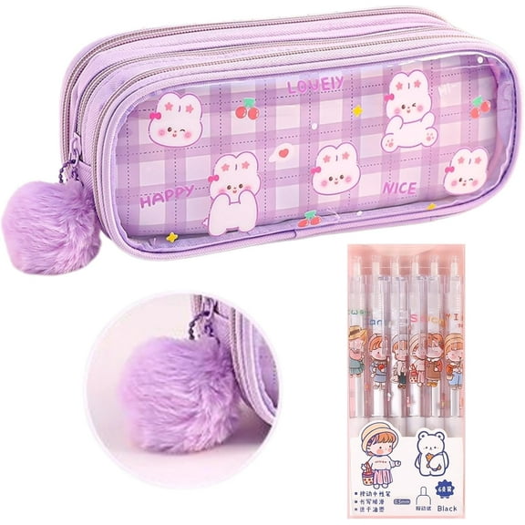 Pencil Pouch Clear 3-Tier Large Capacity Cute Print Animal Easy Clean   6 Pens & Plush Keychain (Purple)