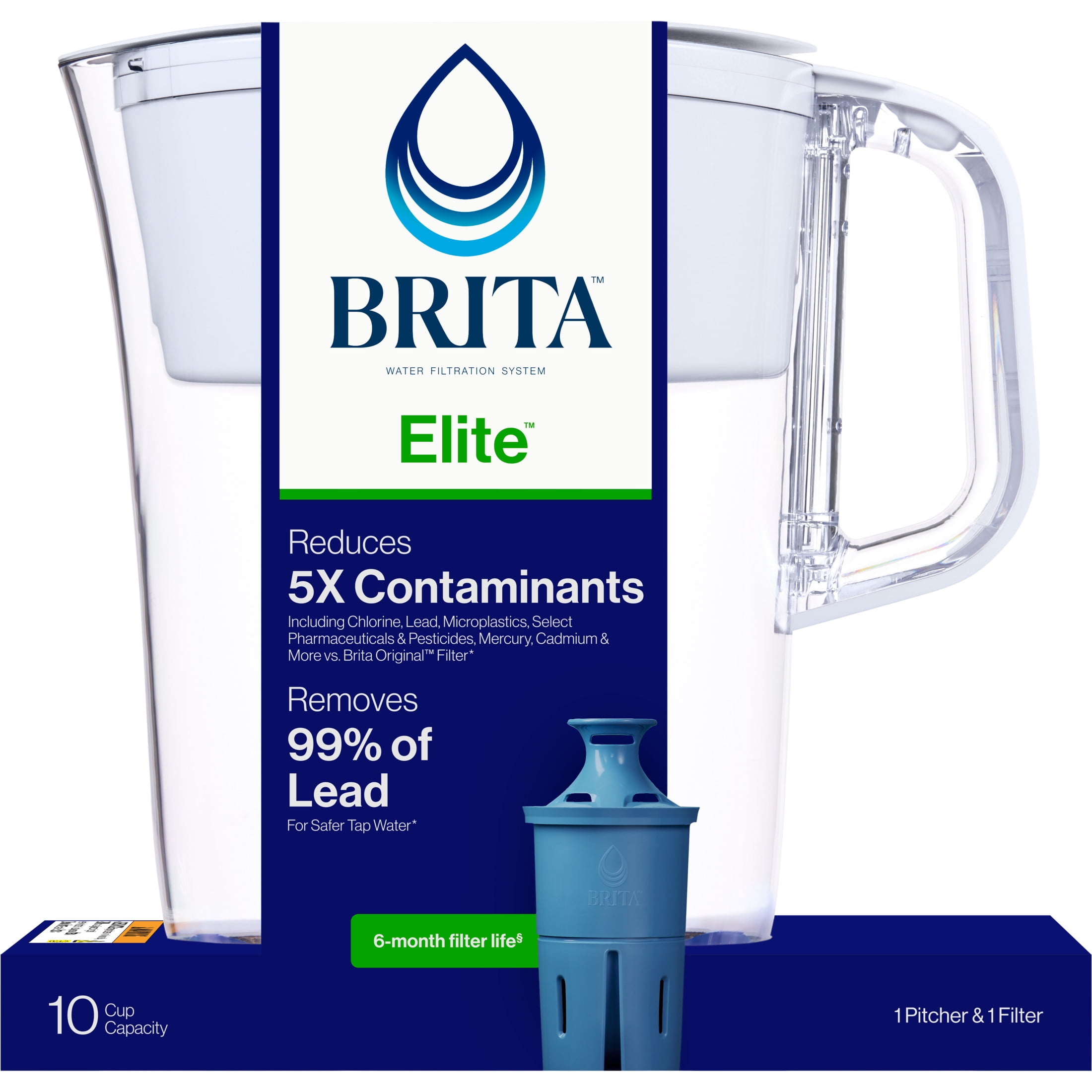 Brita 10 Cup Large Plastic Water Filter Pitcher, White, BPA Free with 1 Elite Brita Filter