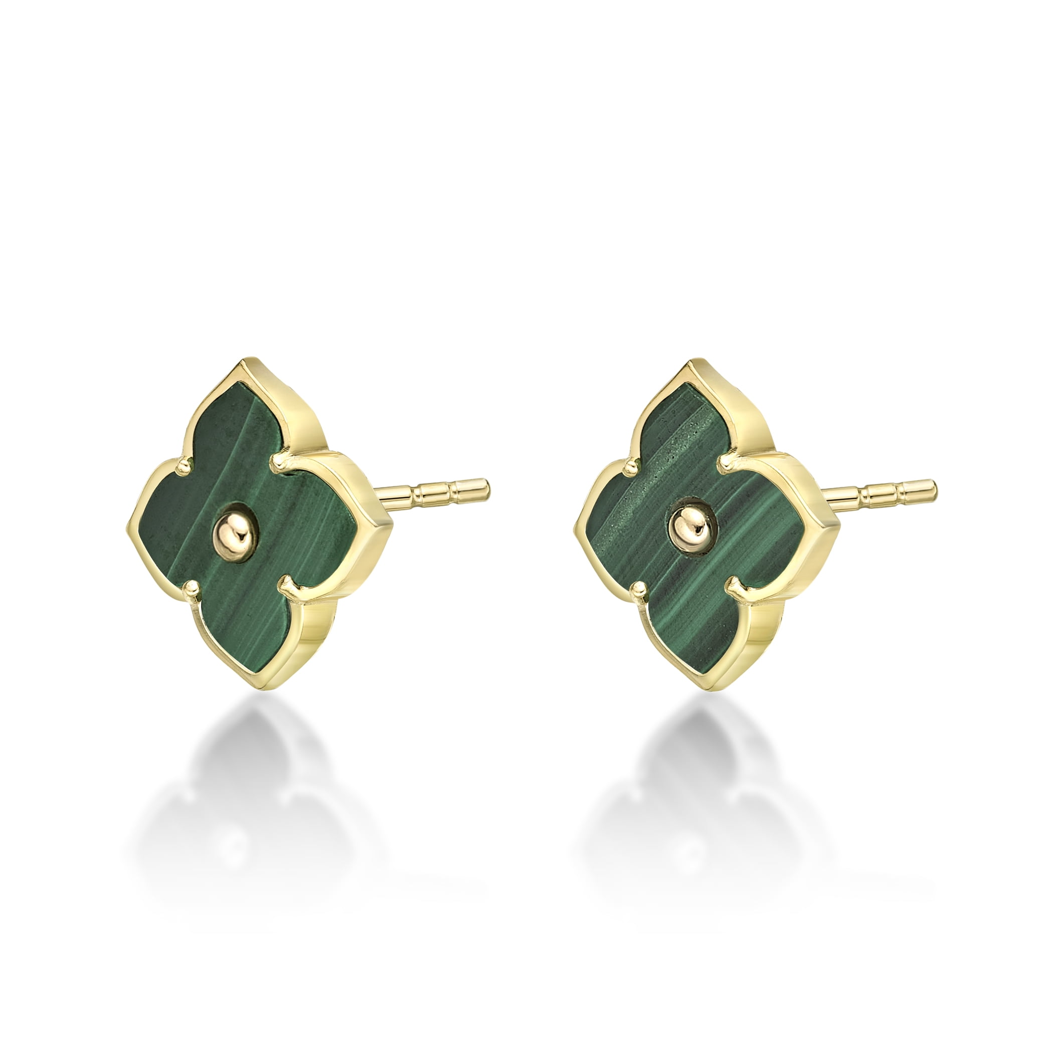 Green Malachite Flower Stud Earrings for Women in 925 Sterling Silver with Yellow Gold Plating Post Back 12 mm by Lavari Jewelers