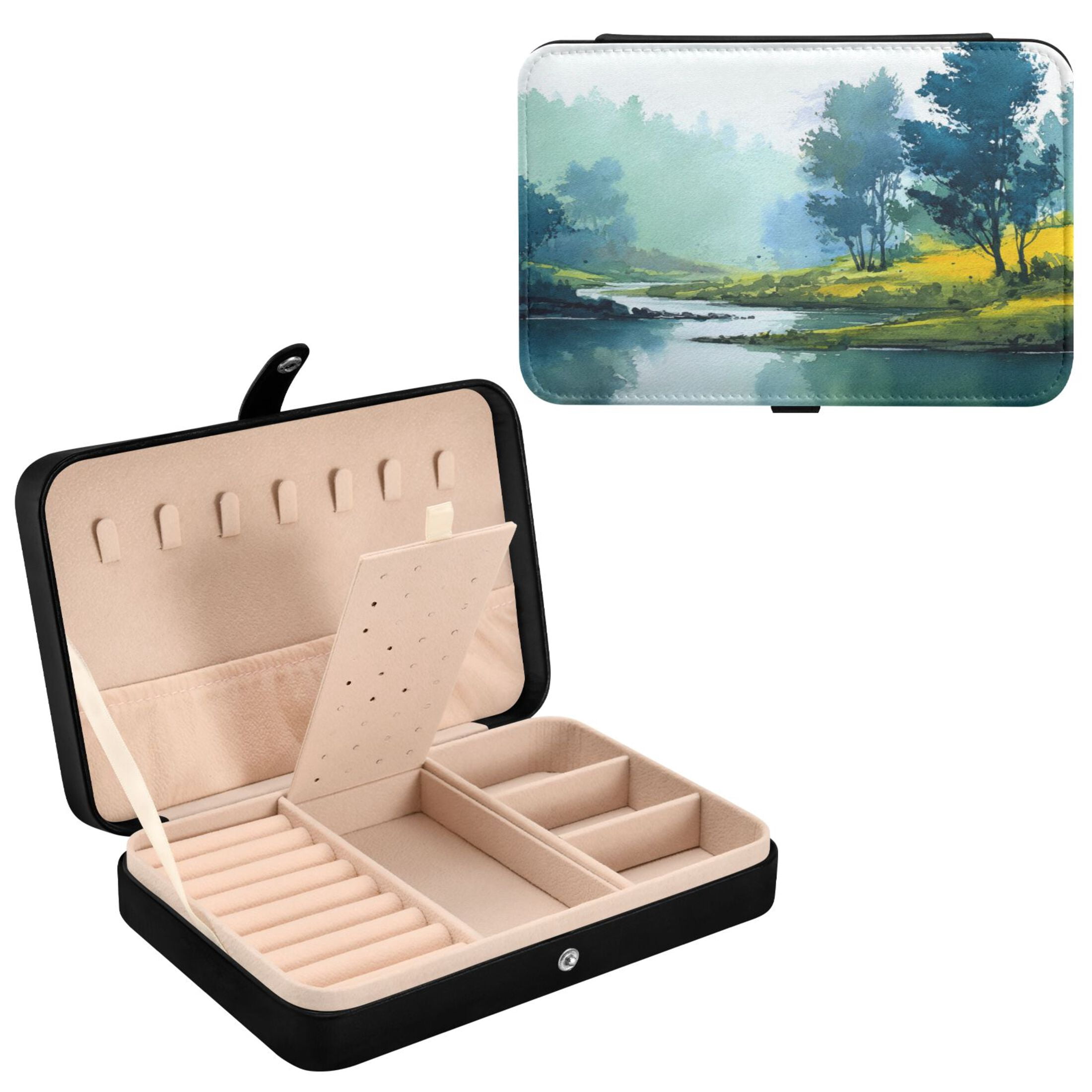 Leather Jewelry Box Rectangular 8.27x5.5x1.78In Travel Jewelry Storage Earrings Necklace Bracelet Watch Brooch Storage Watercolor Lake