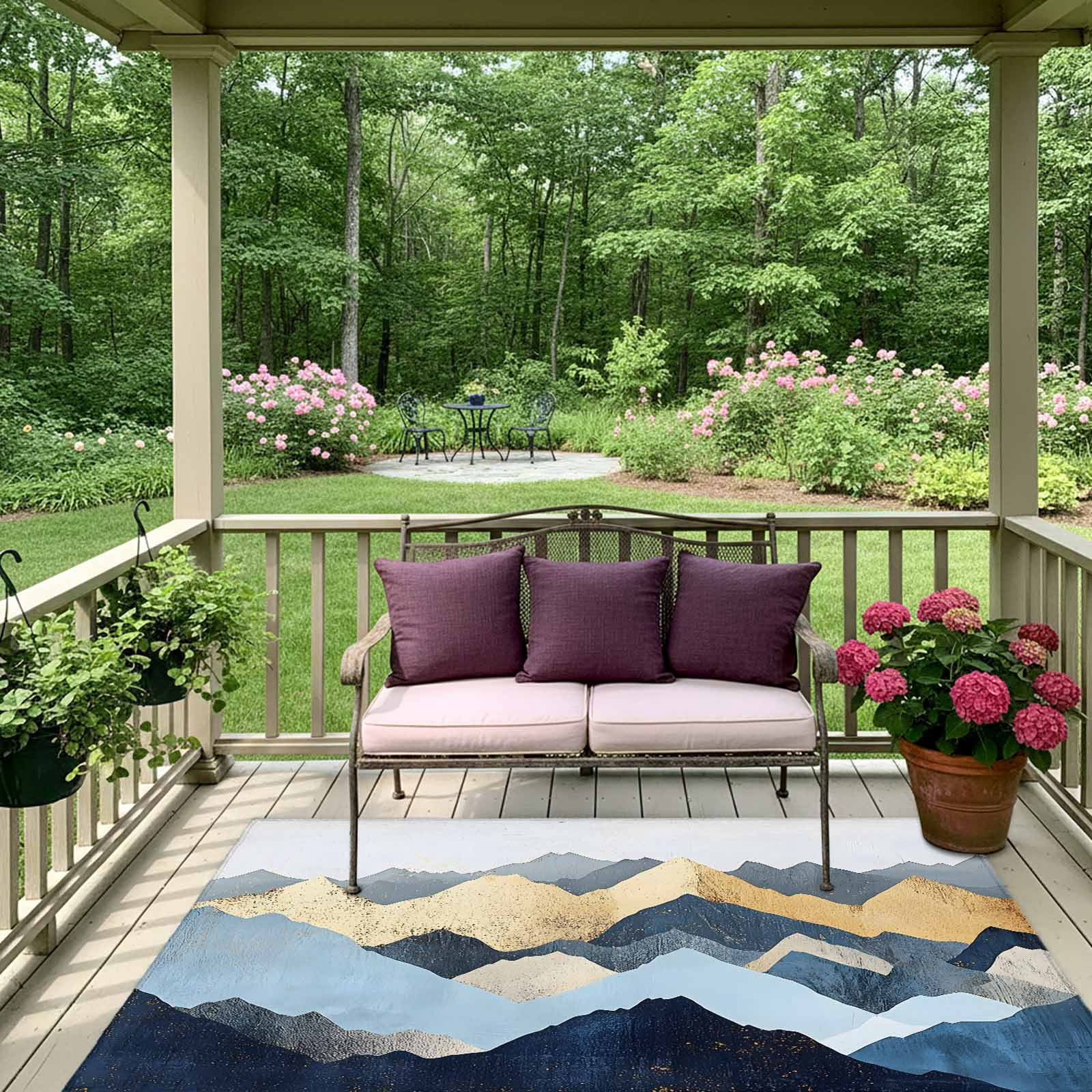 Outdoor Rug 5x8ft Abstract Ombre Blue Golden Mountain Large Area Rug Modern Art Indoor Outdoor Carpet Outdoor Rugs Mats for Patio Camping,RV,Front Door, Outside Decor