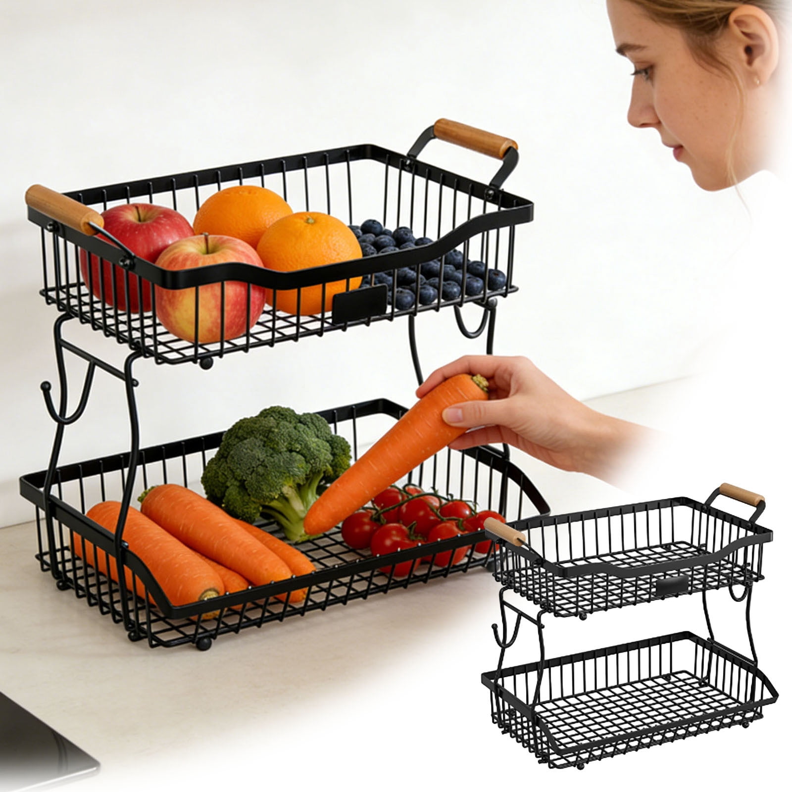 2-Tier Fruit Basket with Wooden Handle, Detachable Fruit Basket for Kitchen counter, Black, 9.5" D x 16.1" W x 12.6" H