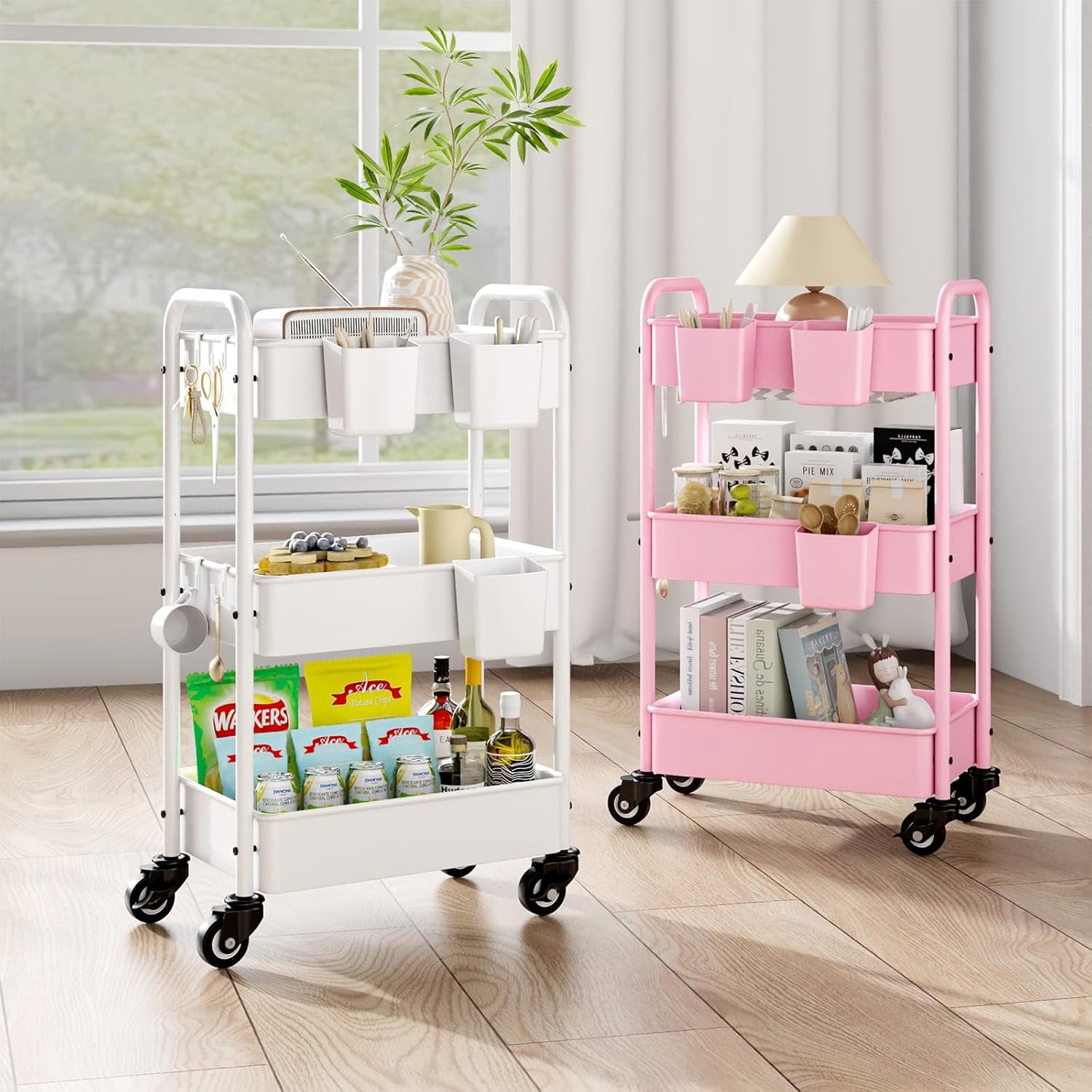 3 Tier Rolling Cart - Metal Utility Cart with 3 Hanging Cups & 4 Hooks, 66LBS Capacity, Mesh Rolling Storage Cart Organizer, Easy Assembly, Rolling Carts with Wheels for Kitchen Office