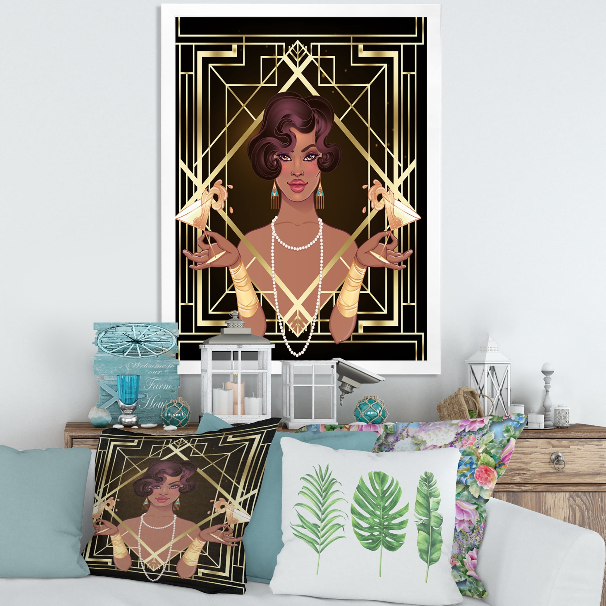 Designart 'Retro Girl In Golden Art Deco Geometrics I' Modern Framed Art Print