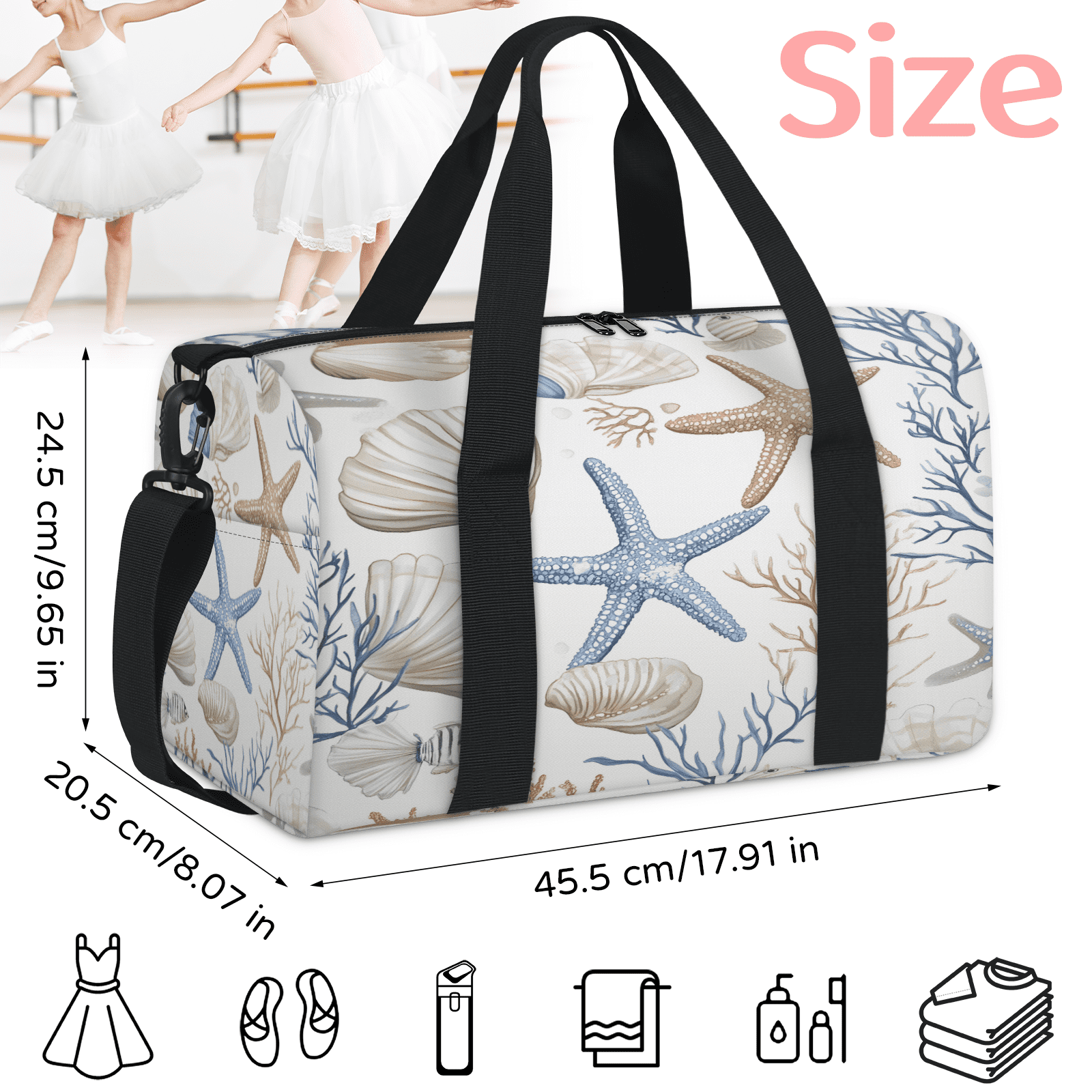 Herdesigns Nautical Coastal Gym Bag for Women, Ocean Beach Seashell Starfish Themed Duffle Bag for Travel Sport, Lightweight Waterproof Carry on Weekender Overnight Dance Yoga Workout Bags