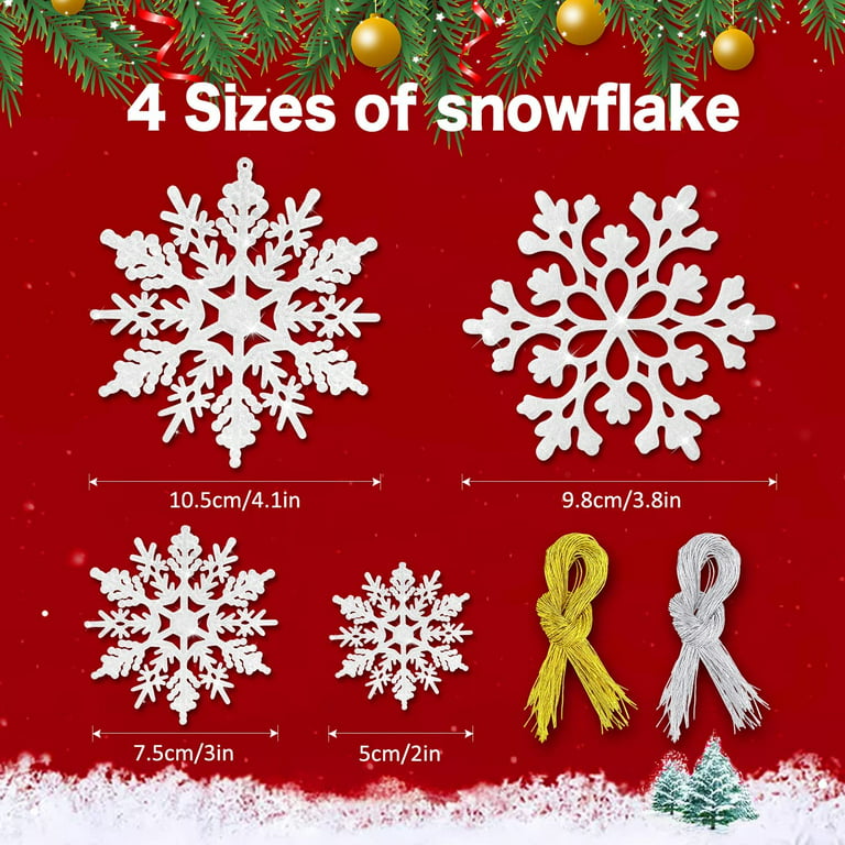 46 Pcs White Glitter Snowflake Ornaments Various Size Plastic Winter  Snowflakes Ornaments Christmas Tree Decorations with Silver Rope for Winter