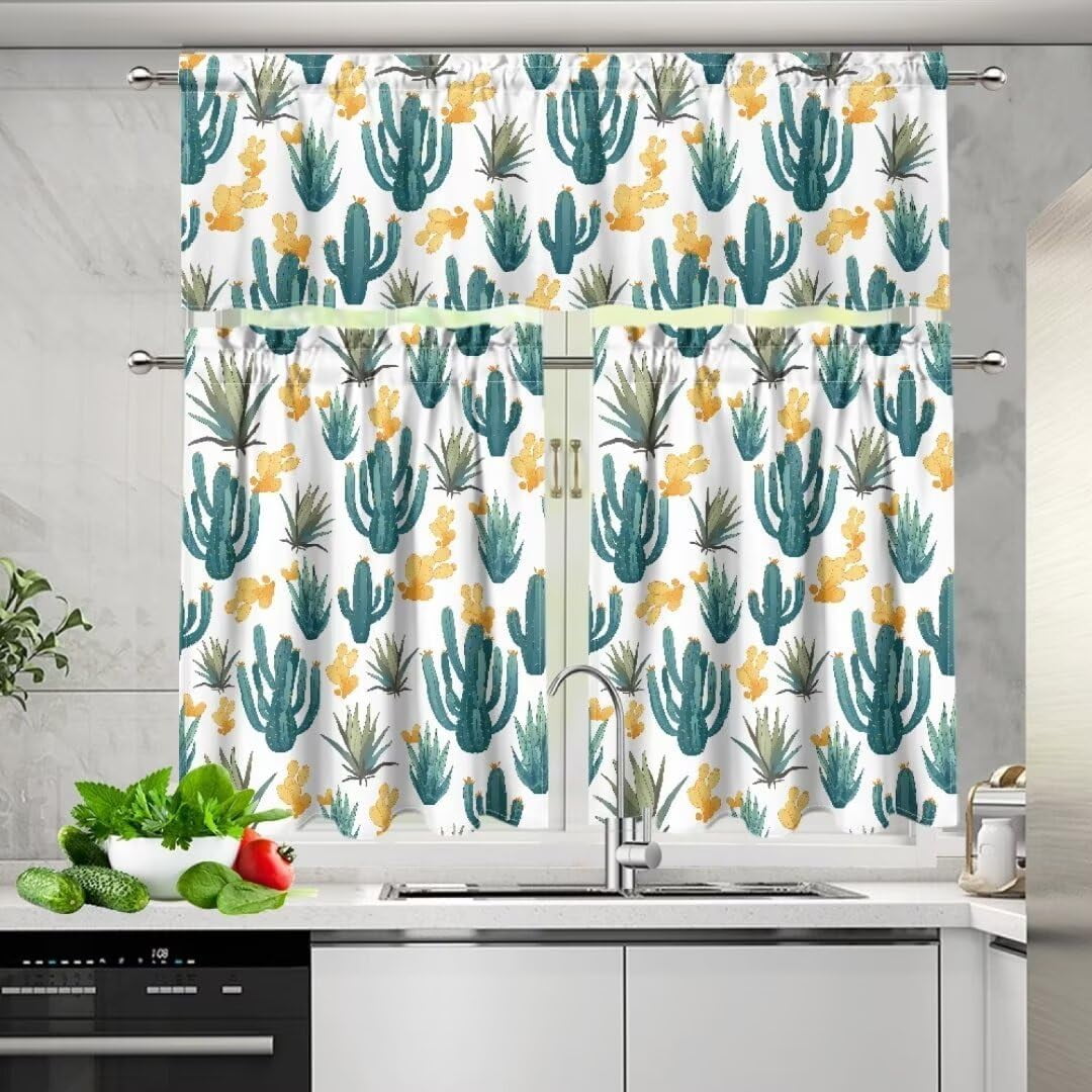 Kitchen Curtains Sets with Valance and Tier Sets Kitchen Window Curtains Kitchen Curtain Tiers Long Tier Curtains Cafe Curtains Rod Pocket Valances Home Decor Cactus