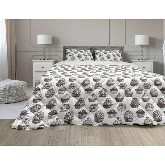 Cupcake Comforter & Sham Bedding Set, Delicious Desserts Food Yummy Chocolate Cake with Cherries Sketch, 3 pcs Duvet Set Microfiber Filling Quilt, 5 Sizes, Muave Taupe and White, by Ambesonne