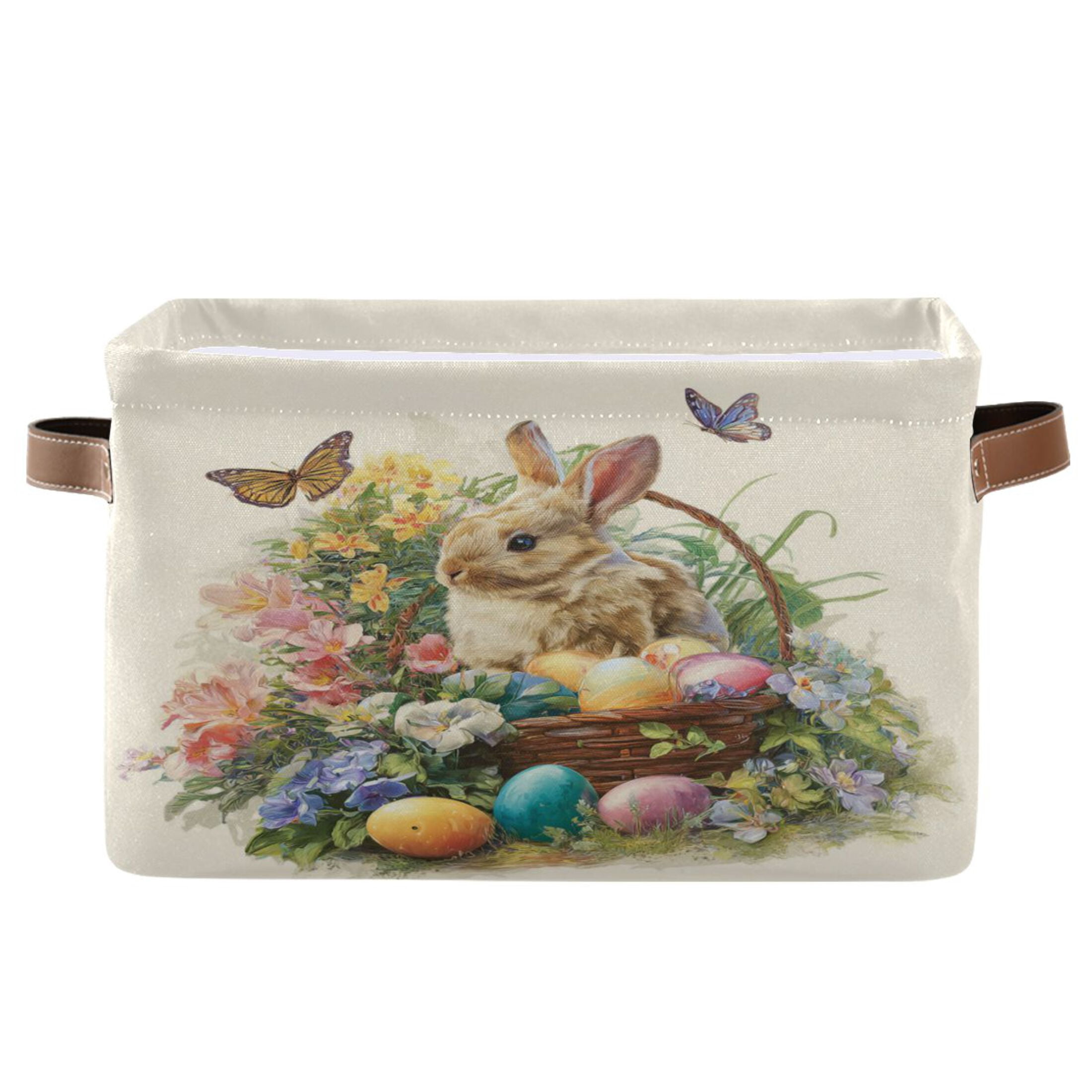 Wobogo Easter Egg Basket Bunny Square Storage Basket Set of 2 with Waterproof Canvas and PE Lining Durable PU Leather Handles 14.2×10.2×8.3in