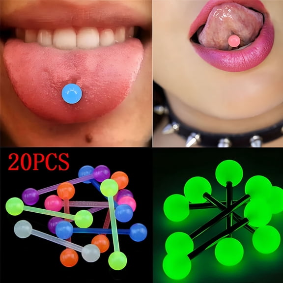 DESIGNICE 20PCS Luminous Ball Flexible Barbell Stud Tongue Ring Bars Body Piercing